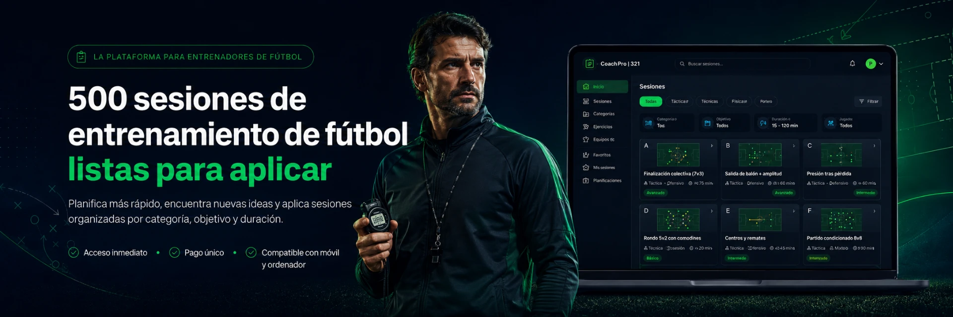 500 sesiones de entrenamiento de fútbol listas para aplicar — plataforma CoachPro