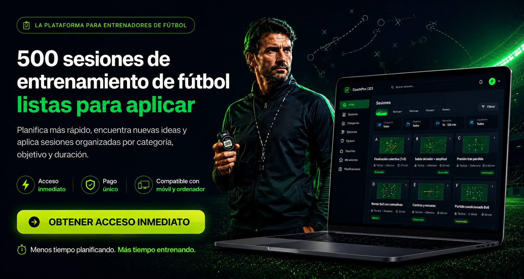 500 sesiones de entrenamiento de fútbol listas para aplicar — plataforma CoachPro
